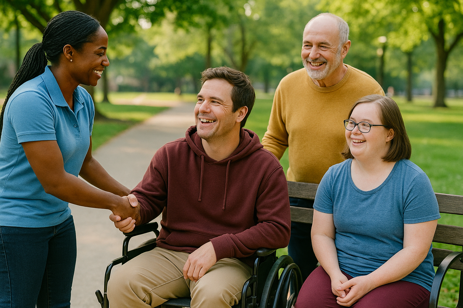 Group of adults with disabilities and caregivers smiling together outside